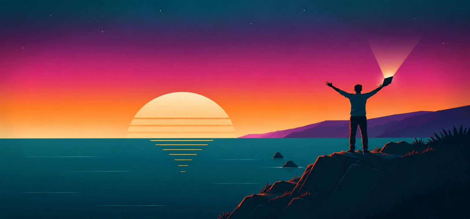 A person holding a laptop above a California coastline at sunset
